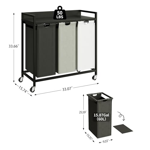 Herture Laundry Hampers with Shelf and Pull-Out Laundry Bag - Large Metal Frame