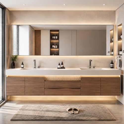 KOCFUA Floating Double Bathroom Vanity with Integrated Sinks & LED Mirror