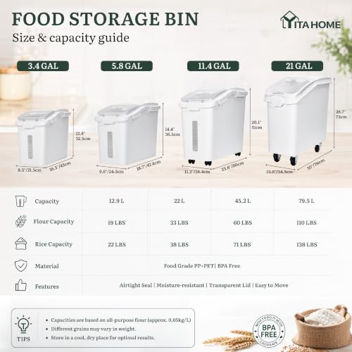 11.4-Gallon Rolling Flour & Rice Storage Bin with Scoop