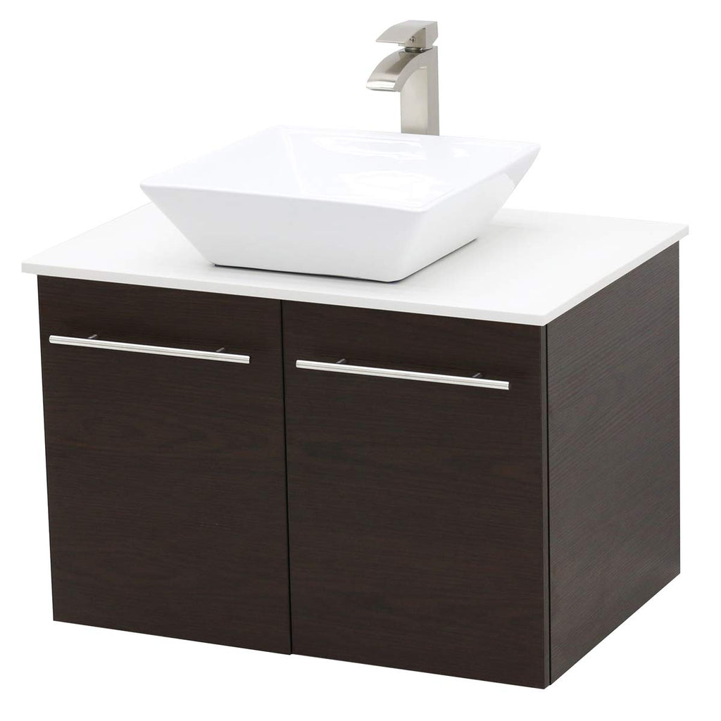 WINDBAY Wall Mount Floating Bathroom Vanity Sink Set. Dark Brown Vanity, White Flat Stone Countertop Ceramic Sink - 30"