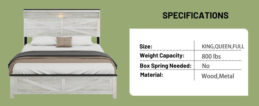 King Platform Bed Frame, Hidden Storage, Wood Headboard, Antique White/Gray