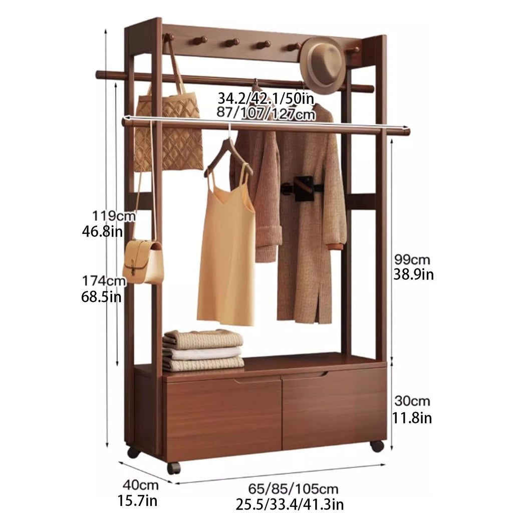 Wooden Clothing Rack with 2 Drawers 360° Rolling Entryway Coat Rack Floor-Standing Garment for Clothes & Bags (Brown 105cm/41.3in)