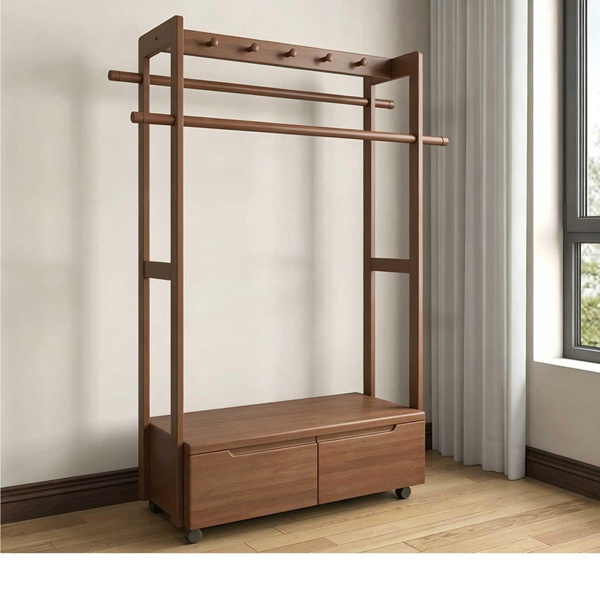 RFBXZPTADNU Solid Wood Rolling Garment Rack with 2 Drawers, Freestanding Double Rod Clothing with Top Hooks for Bedroom, Entryway & Closet