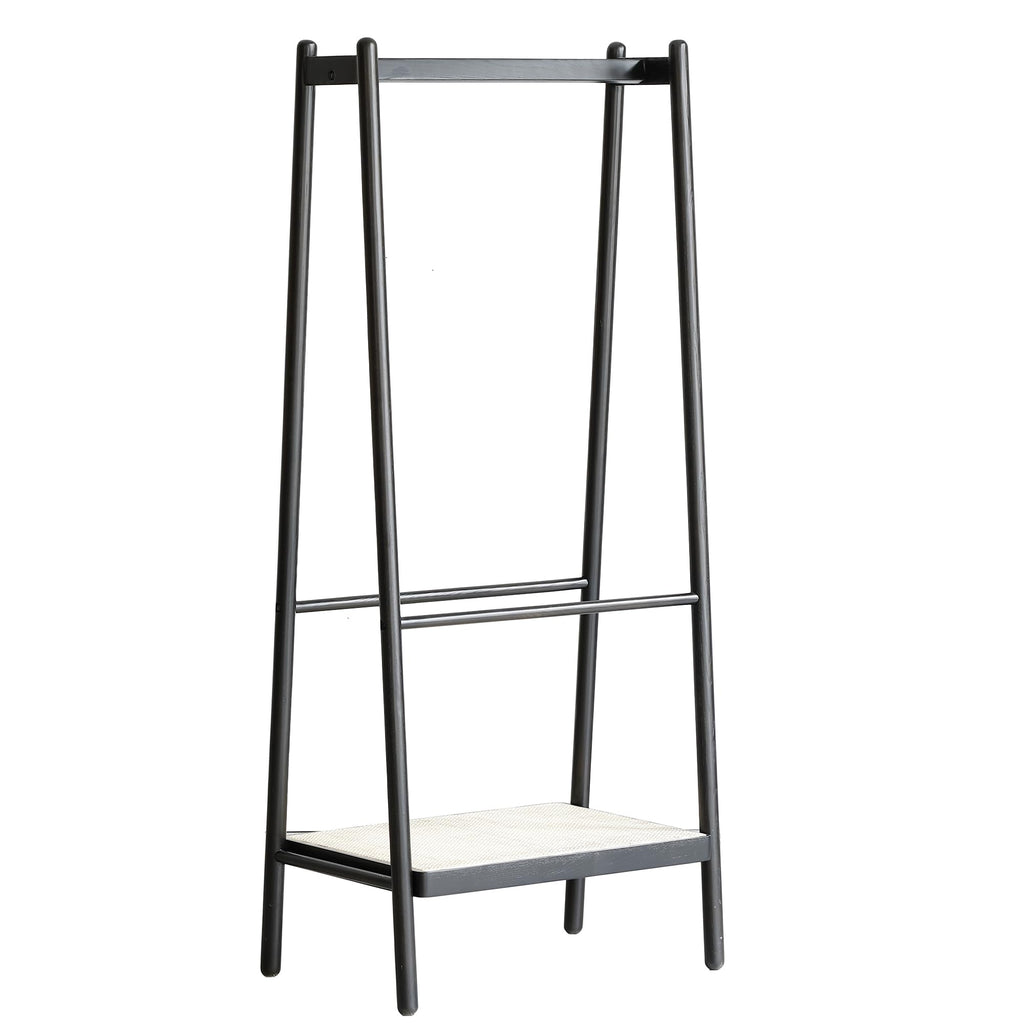 Solid Oak Garment Rack with Rattan Hangers & Shelves