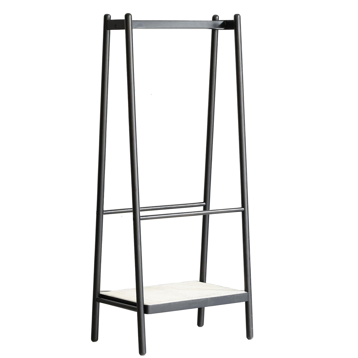 Solid Oak Garment Rack with Rattan Hangers & Shelves