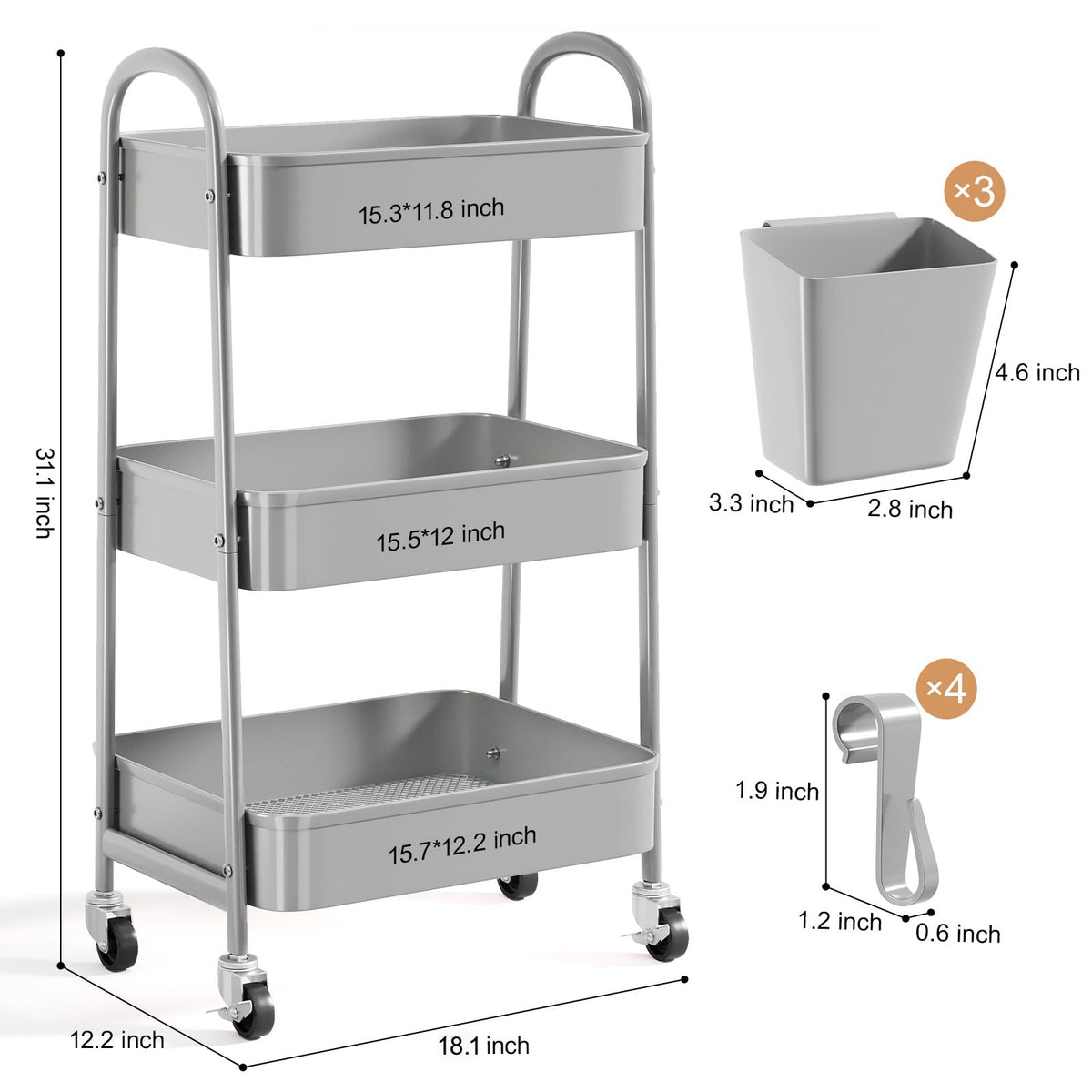 3 Tier Heavy Duty White Metal Rolling Cart with Lockable Wheels, Three Tier Roller Book Snack Cart, Utility Storage Organizer Carts for Kitchen, Bathroom, Garage, Baby Diaper, Craft, Art, Teacher