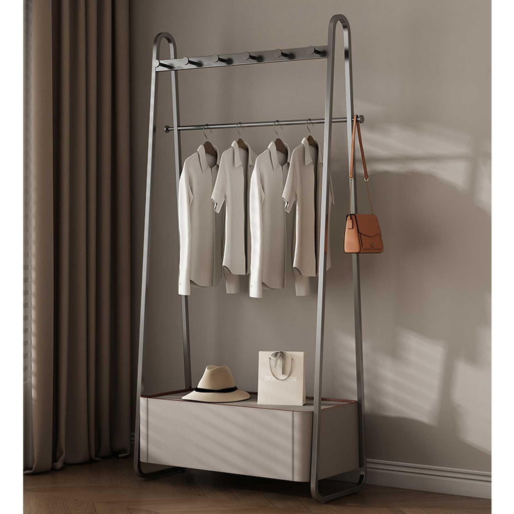 Modern Freestanding Garment Rack with Hooks & Storage Basket