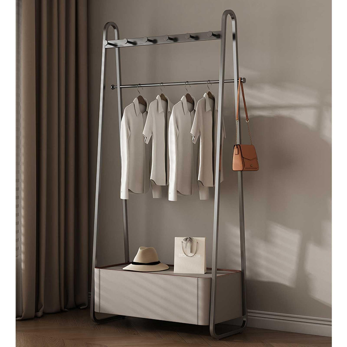 Modern Freestanding Garment Rack with Hooks & Storage Basket