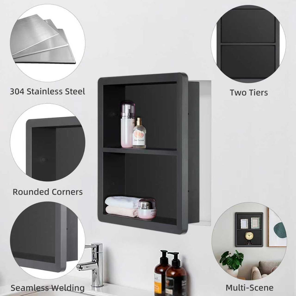 IDYLLOR Recessed Medicine Cabinet No Mirror - Bathroom Storage Wall Cabinet with, 304 Stainless Steel Shower Niche, Matte Black/White Waterproof for Bathroom, Toilet, Vanity