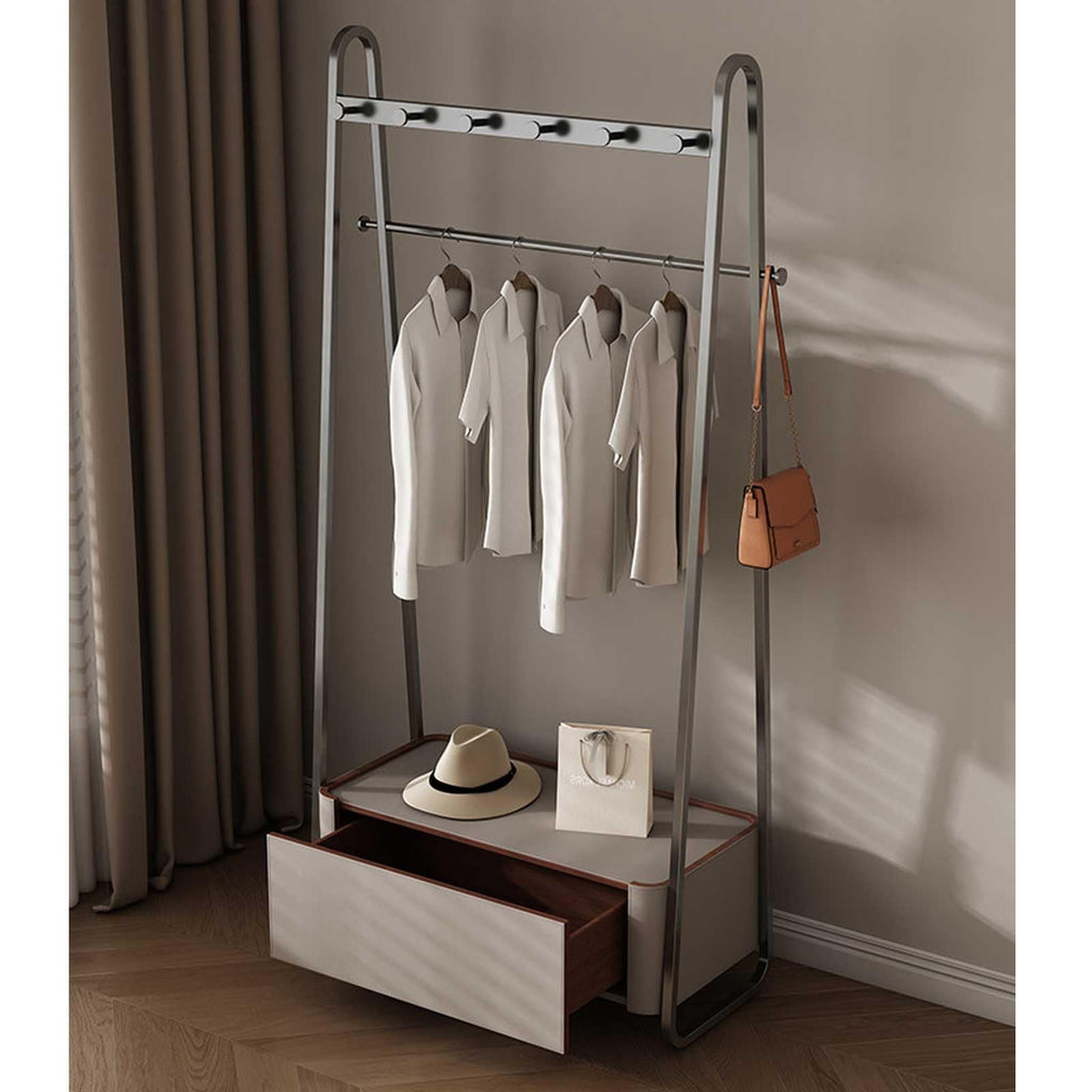 Modern Freestanding Garment Rack with Hooks & Storage Basket