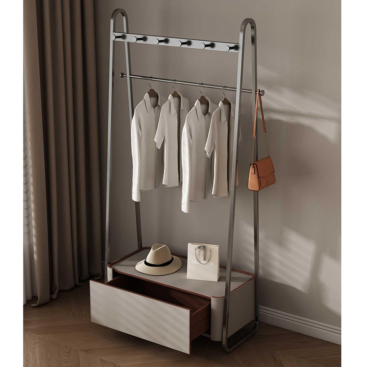 Modern Freestanding Garment Rack with Hooks & Storage Basket