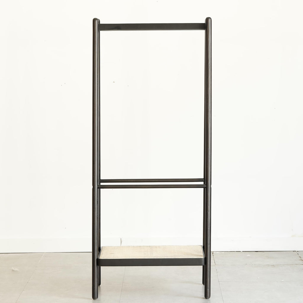 Solid Oak Garment Rack with Rattan Hangers & Shelves