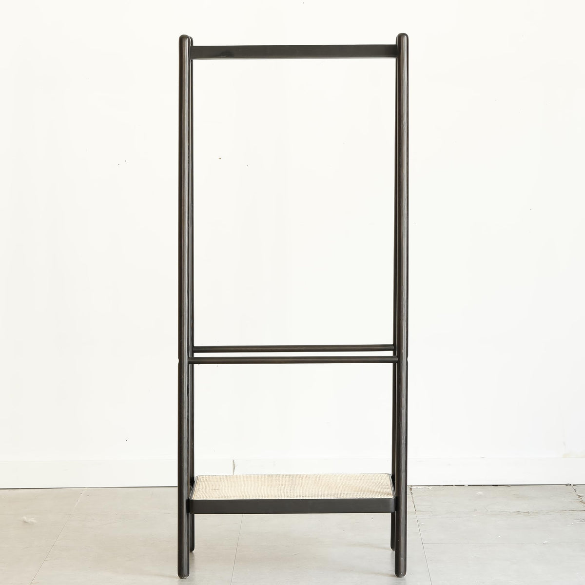 YZFfnte Black Solid Oak Wood Clothes Rack with Black Rattan Hangers & Shelves - Sturdy Trapezoidal Structure, Versatile Garment Stand for Hanging Clothes, Bags, Shoes (18.1" D x 27.5" W x 65" H)