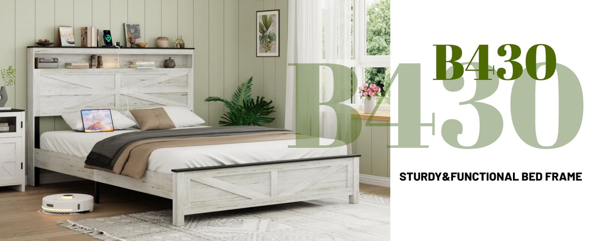 King Platform Bed Frame, Hidden Storage, Wood Headboard, Antique White/Gray