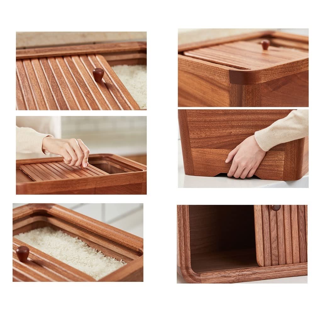 YIORYO 22 Lbs Rice Dispenser, Sealed Kitchen Food Container Cereal Dispensor, Wooden Food Storage Container Sliding Lid Rice Bucket for Cereal Grain Rice Dispenser Bucket
