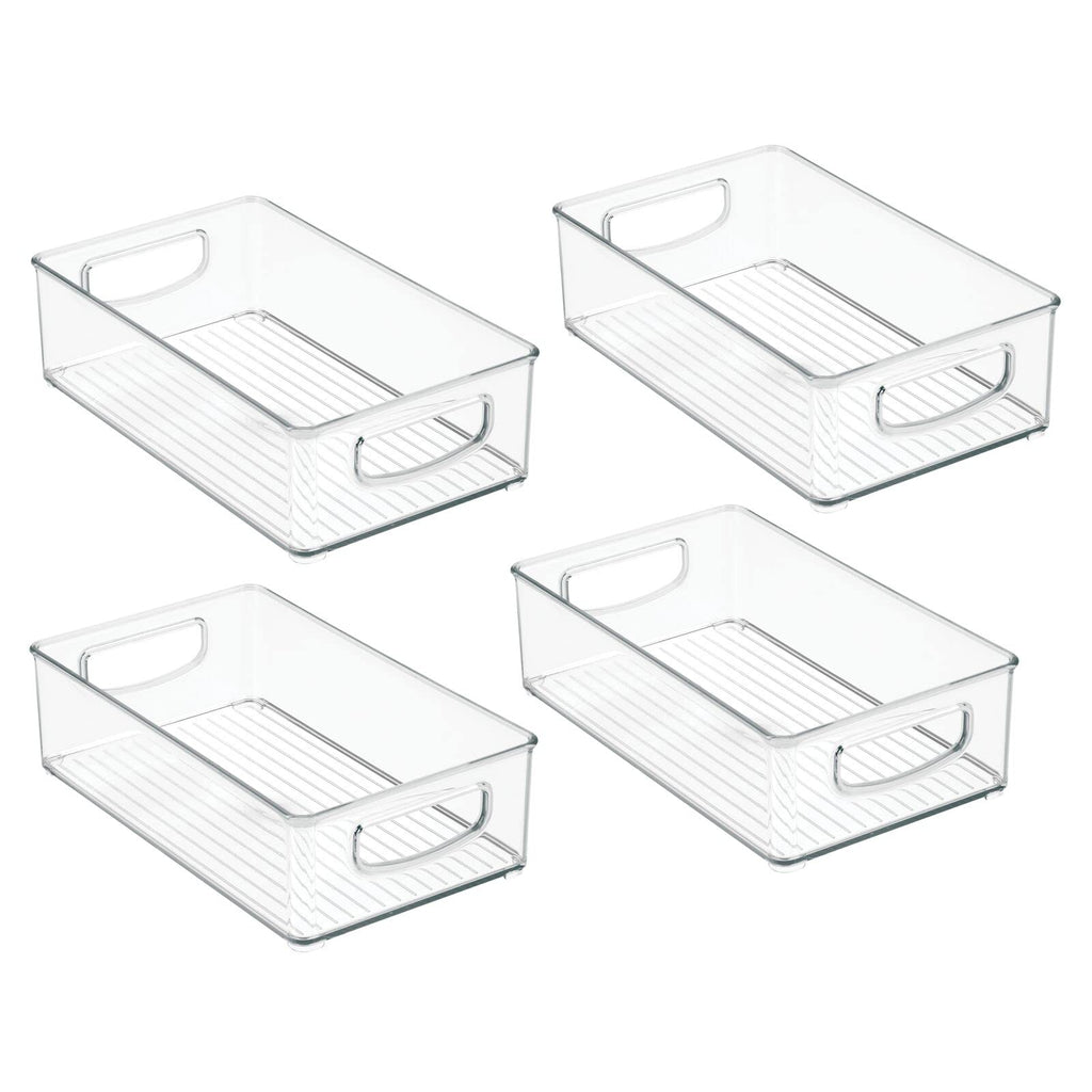 mDesign Plastic Stackable Kitchen Storage Organizer Container Bin for Pantry, Cabinet, Cupboard, Shelves, Fridge, or Freezer - Holds Dry Goods, Sauces, Condiments, Ligne Collection, 4 Pack, Clear