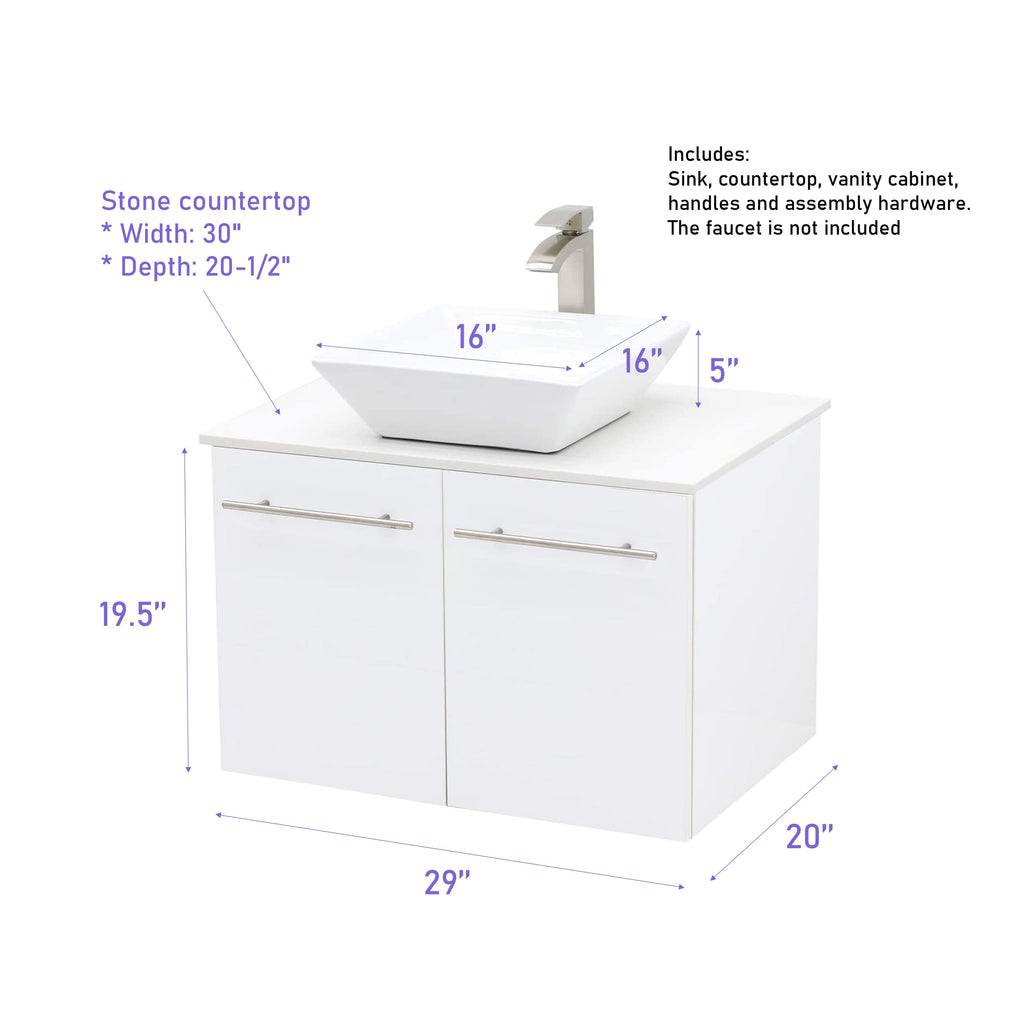 WINDBAY Wall Mount Floating Bathroom Vanity Sink Set. Dark Brown Vanity, White Flat Stone Countertop Ceramic Sink - 30"