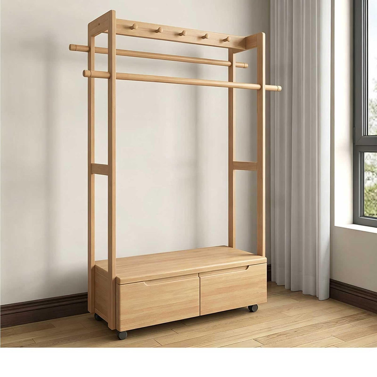 RFBXZPTADNU Solid Wood Rolling Garment Rack with 2 Drawers, Freestanding Double Rod Clothing with Top Hooks for Bedroom, Entryway & Closet