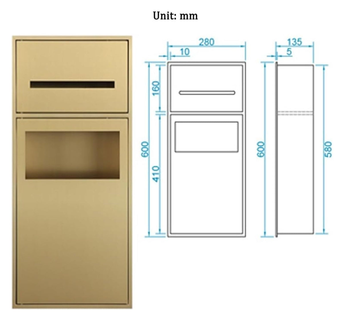 Stainless Steel Shower Nich, Waterproof Storage Toilet Paper Holder Shower Niche, Recessed Trash Can Alcove for Bathroom Storage/Shampoo/Toiletries,Gold,28x60x13.5cm