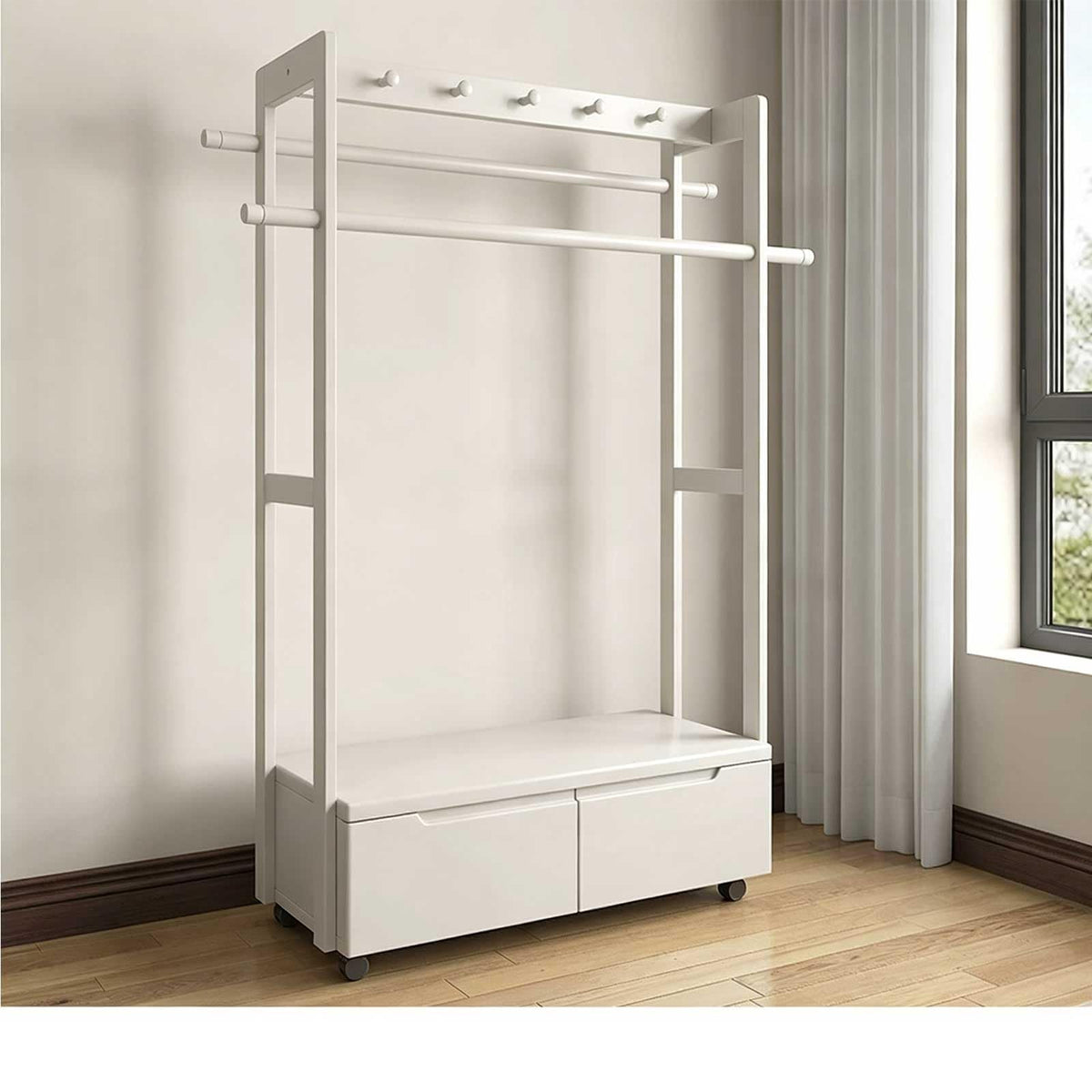 RFBXZPTADNU Solid Wood Rolling Garment Rack with 2 Drawers, Freestanding Double Rod Clothing with Top Hooks for Bedroom, Entryway & Closet