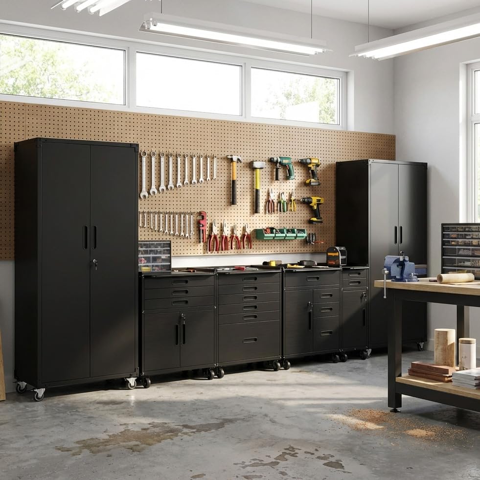 Heavy-Duty Modular Garage Cabinet & Tool Bench System