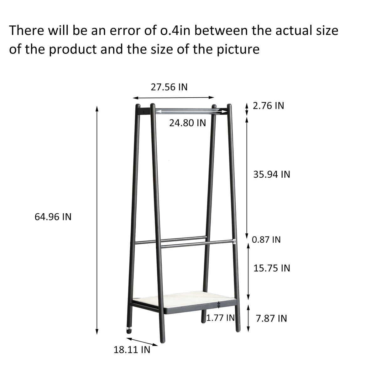 YZFfnte Black Solid Oak Wood Clothes Rack with Black Rattan Hangers & Shelves - Sturdy Trapezoidal Structure, Versatile Garment Stand for Hanging Clothes, Bags, Shoes (18.1" D x 27.5" W x 65" H)