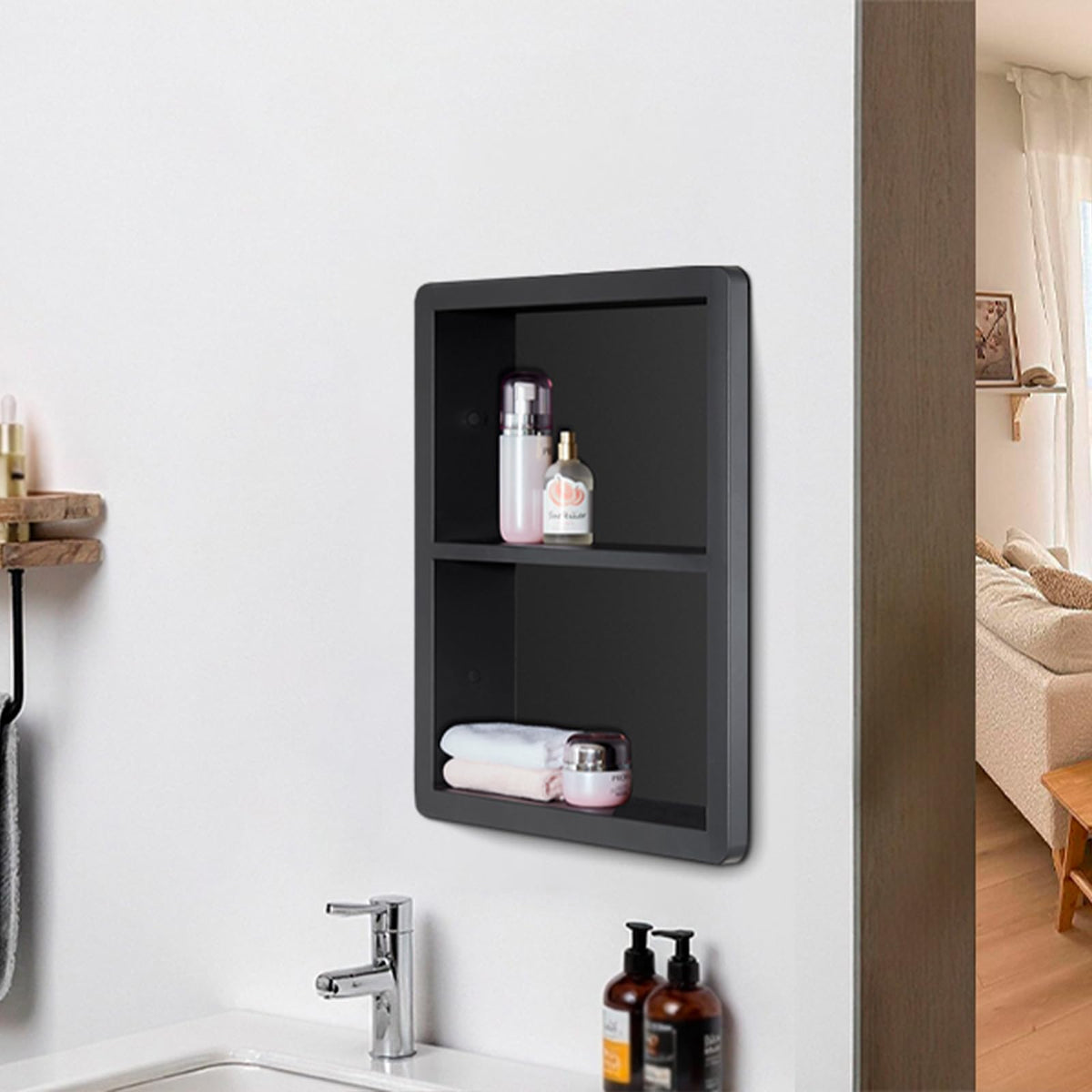 IDYLLOR Recessed Medicine Cabinet No Mirror - Bathroom Storage Wall Cabinet with, 304 Stainless Steel Shower Niche, Matte Black/White Waterproof for Bathroom, Toilet, Vanity