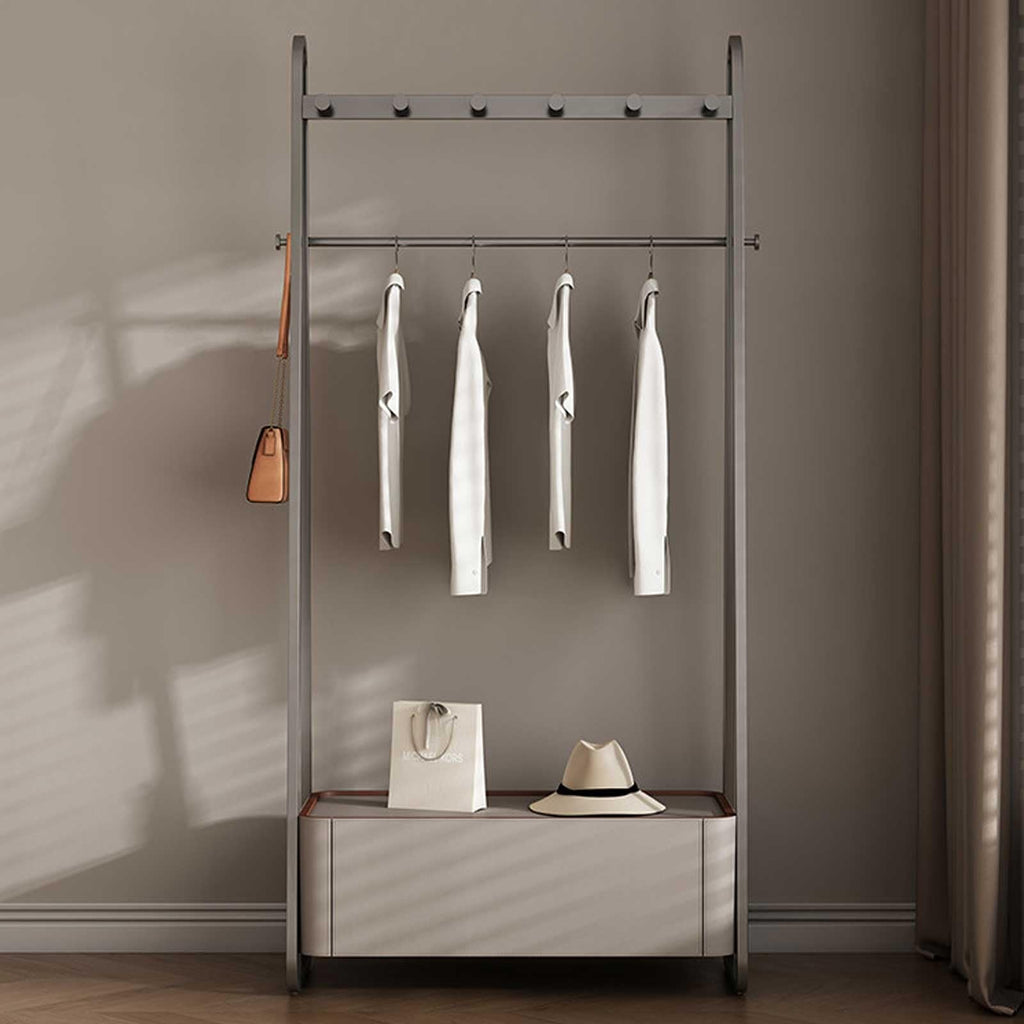 Modern Freestanding Garment Rack with Hooks & Storage Basket
