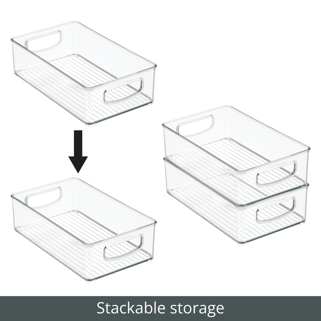 mDesign Plastic Stackable Kitchen Storage Organizer Container Bin for Pantry, Cabinet, Cupboard, Shelves, Fridge, or Freezer - Holds Dry Goods, Sauces, Condiments, Ligne Collection, 4 Pack, Clear