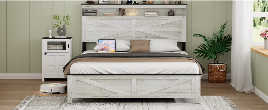 King Platform Bed Frame, Hidden Storage, Wood Headboard, Antique White/Gray