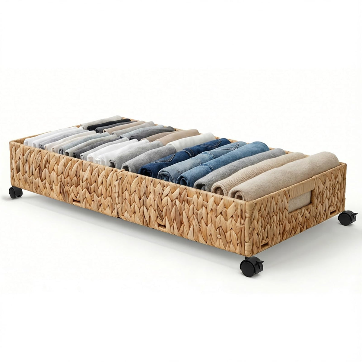 Nonkky Under Bed Storage with Wheels, 31.5in / 37L Large Handwoven Water Hyacinth Under Bed Shoe Storage Organizer Drawer, Tool-free Assembly Rolling Storage Containers
