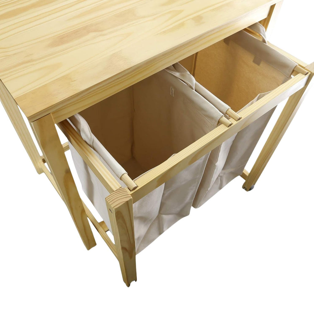 Solid Wood Laundry Prep Hamper with Folding Storage Table