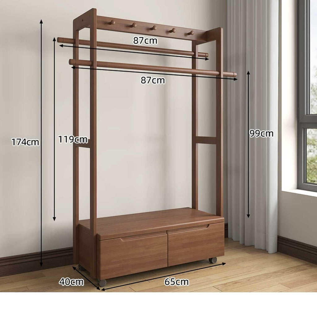 RFBXZPTADNU Solid Wood Rolling Garment Rack with 2 Drawers, Freestanding Double Rod Clothing with Top Hooks for Bedroom, Entryway & Closet