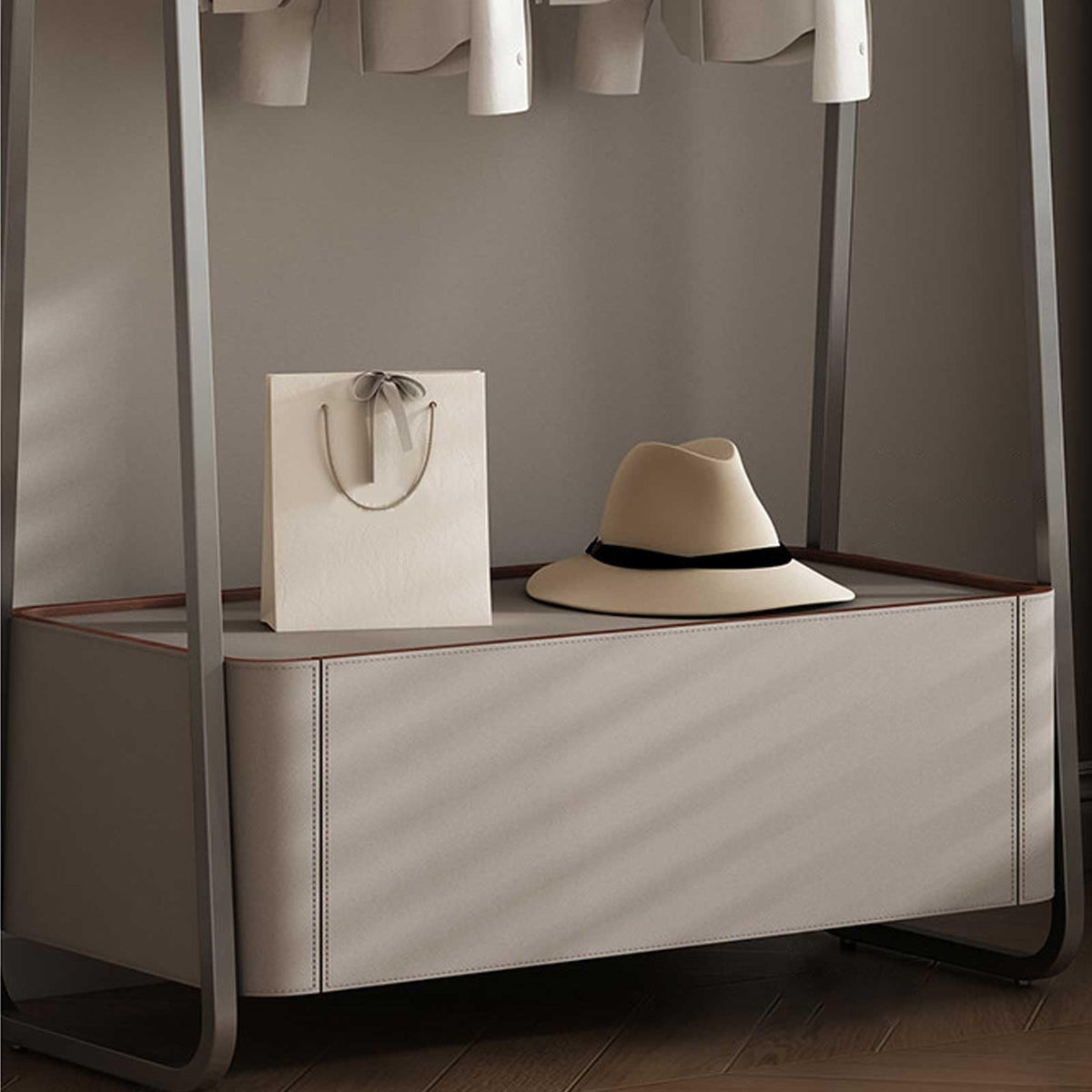 Modern Freestanding Garment Rack with Hooks & Storage Basket