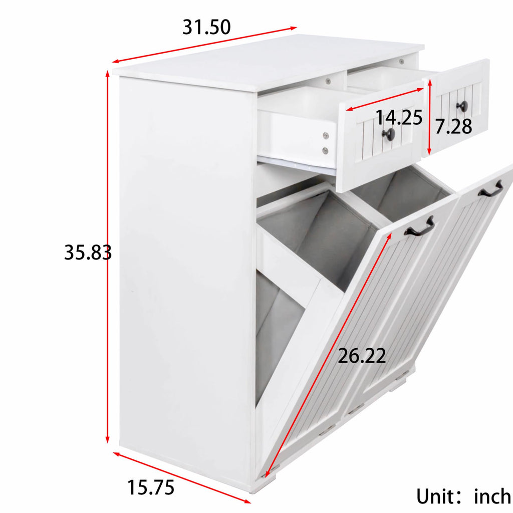 Double Tilt Out Laundry Hamper Cabinet with Drawers & 2 Removable Liners