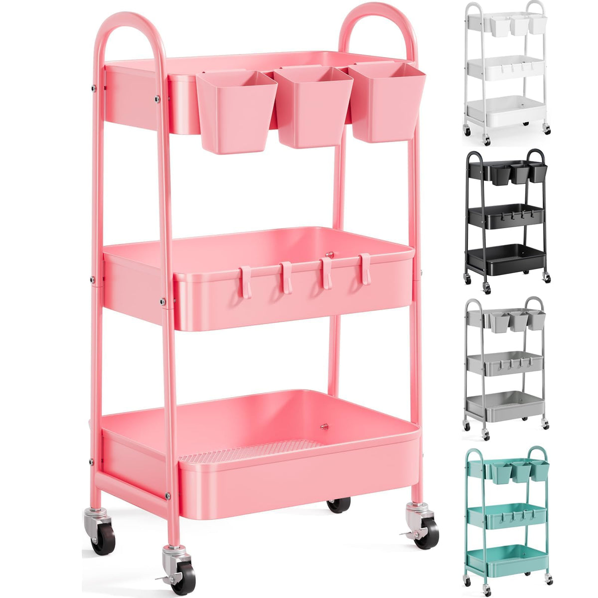3 Tier Heavy Duty White Metal Rolling Cart with Lockable Wheels, Three Tier Roller Book Snack Cart, Utility Storage Organizer Carts for Kitchen, Bathroom, Garage, Baby Diaper, Craft, Art, Teacher