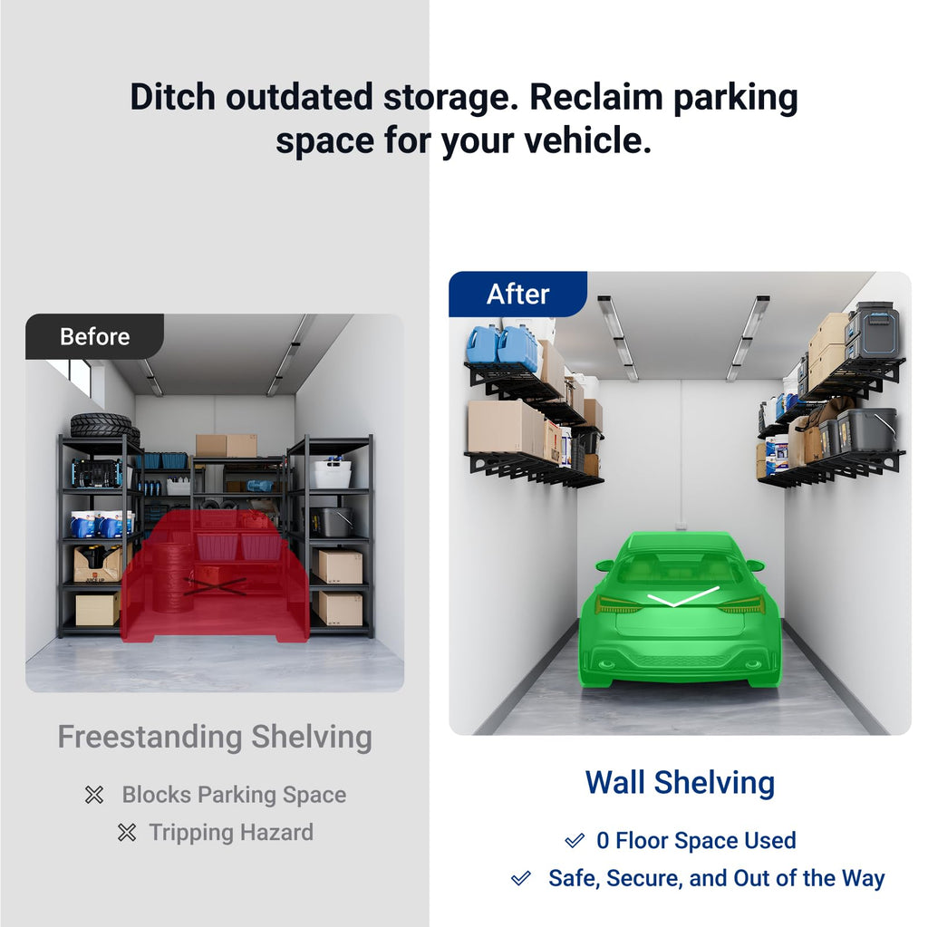 Wall-Mounted Garage Storage Shelf Rack with Utility Hooks