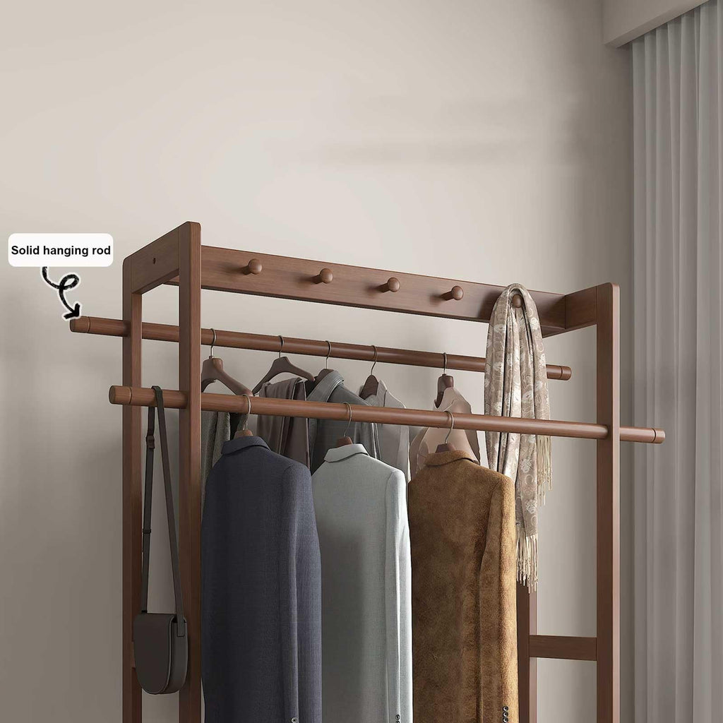 RFBXZPTADNU Solid Wood Rolling Garment Rack with 2 Drawers, Freestanding Double Rod Clothing with Top Hooks for Bedroom, Entryway & Closet