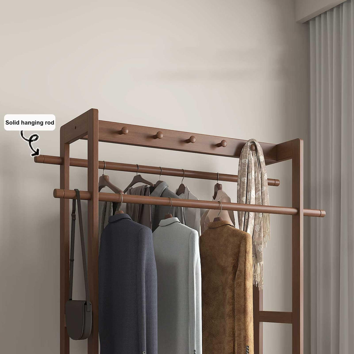 RFBXZPTADNU Solid Wood Rolling Garment Rack with 2 Drawers, Freestanding Double Rod Clothing with Top Hooks for Bedroom, Entryway & Closet