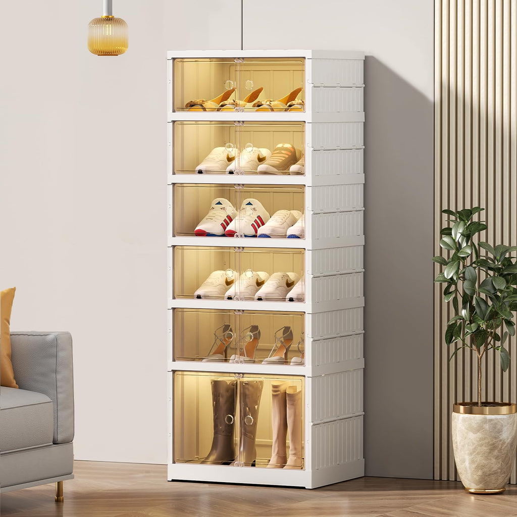 SYNCVIBE Shoe Rack Organizer for Closet Entryway Foldable Sneaker Storage Shoe, Collapsible Shoe Cabinet, Stackable Shoe Storage Cabinet with Lids for Living Room