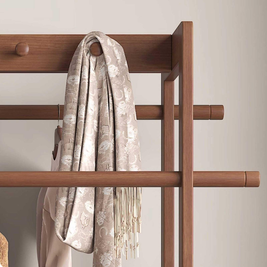 RFBXZPTADNU Solid Wood Rolling Garment Rack with 2 Drawers, Freestanding Double Rod Clothing with Top Hooks for Bedroom, Entryway & Closet