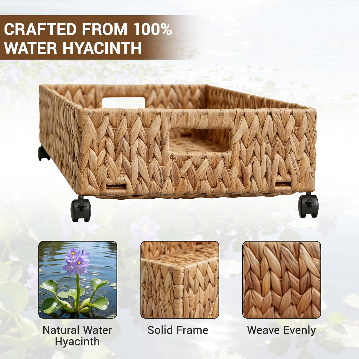 Nonkky Under Bed Storage with Wheels, 31.5in / 37L Large Handwoven Water Hyacinth Under Bed Shoe Storage Organizer Drawer, Tool-free Assembly Rolling Storage Containers