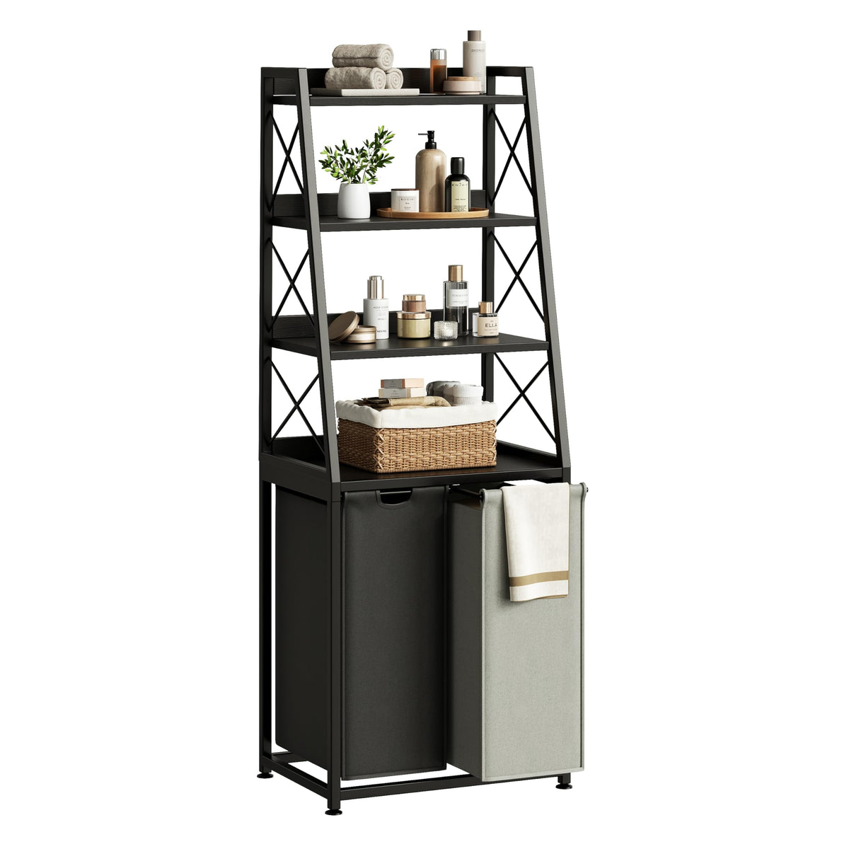 Herture 3 Section Laundry Hamper, 4 Tier Shelf, Pull-Out & Removable Bags, Large 3 x 15.87 Gallons, for Room