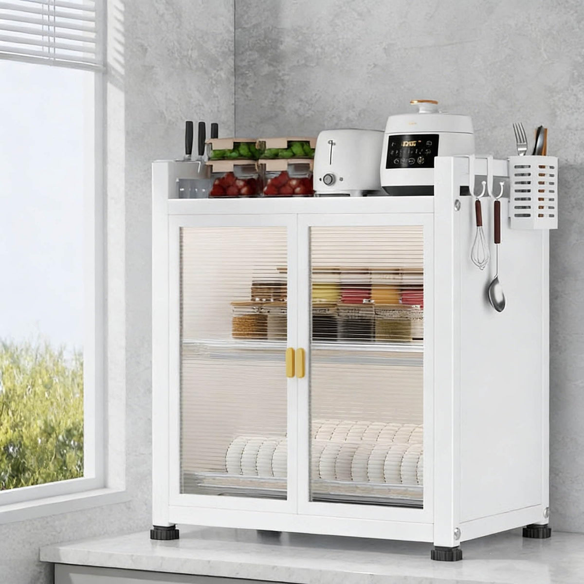 Multifunctional Kitchen Countertop Dish Cabinet, White Storage Rack with Dustproof Doors, Space-Saving Sink Organizer for Efficient Kitchen Organization, 3-Tier Design