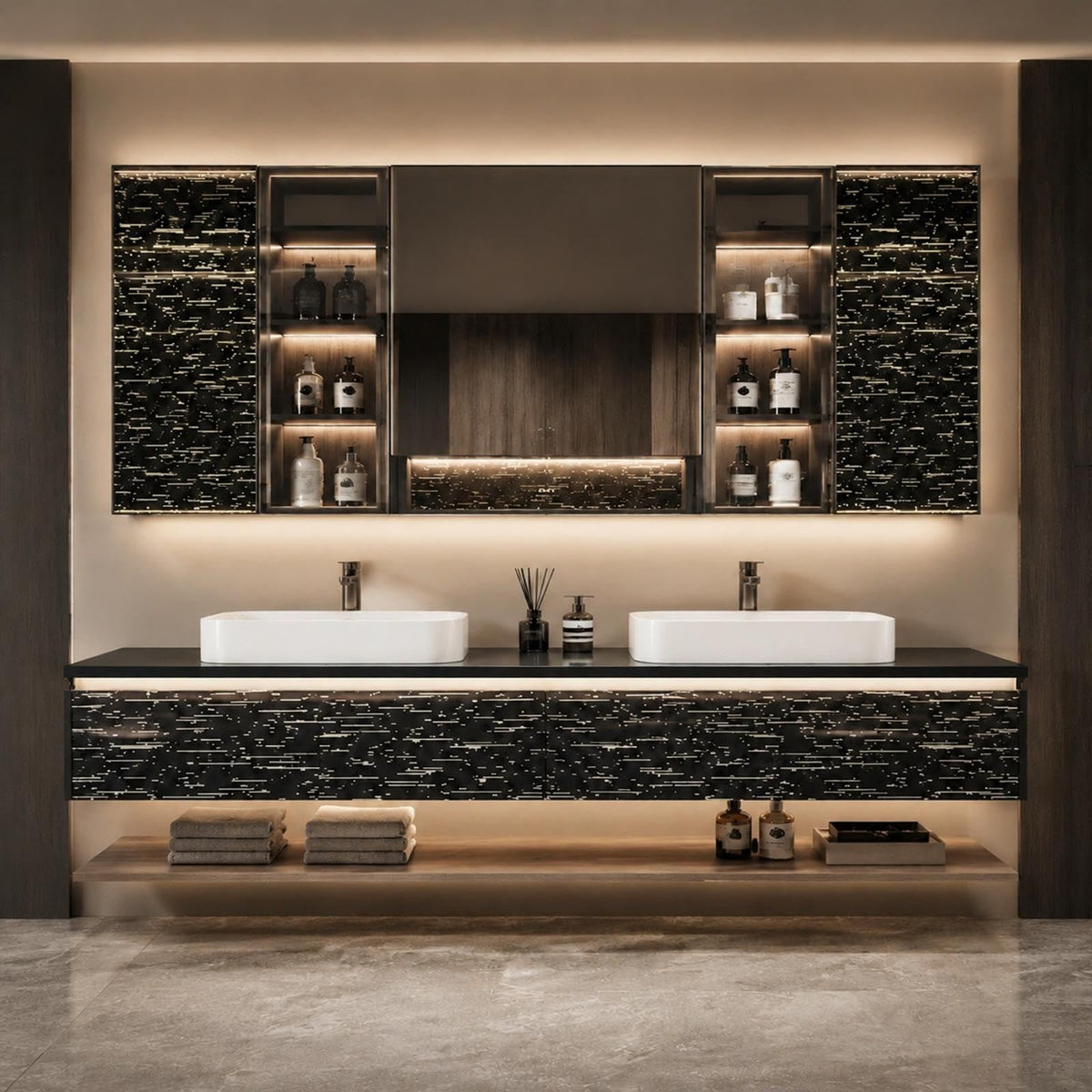 FMMC Double-Sink Floating Bathroom Vanity with Mirror Cabinet & Sinks