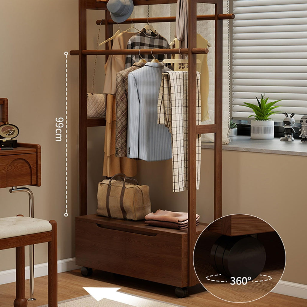 Wooden Clothing Rack with 2 Drawers 360° Rolling Entryway Coat Rack Floor-Standing Garment for Clothes & Bags (Brown 105cm/41.3in)