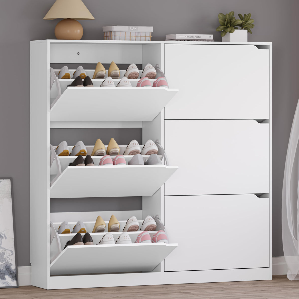 BORNOON Shoe Cabinet, Slim Narrow Shoe Storage Cabinet, Freestanding Shoe Organizer with Adjustable & Removable Shelves, Top Display Shelf for Entryway, Hallway, Foyer, Closet