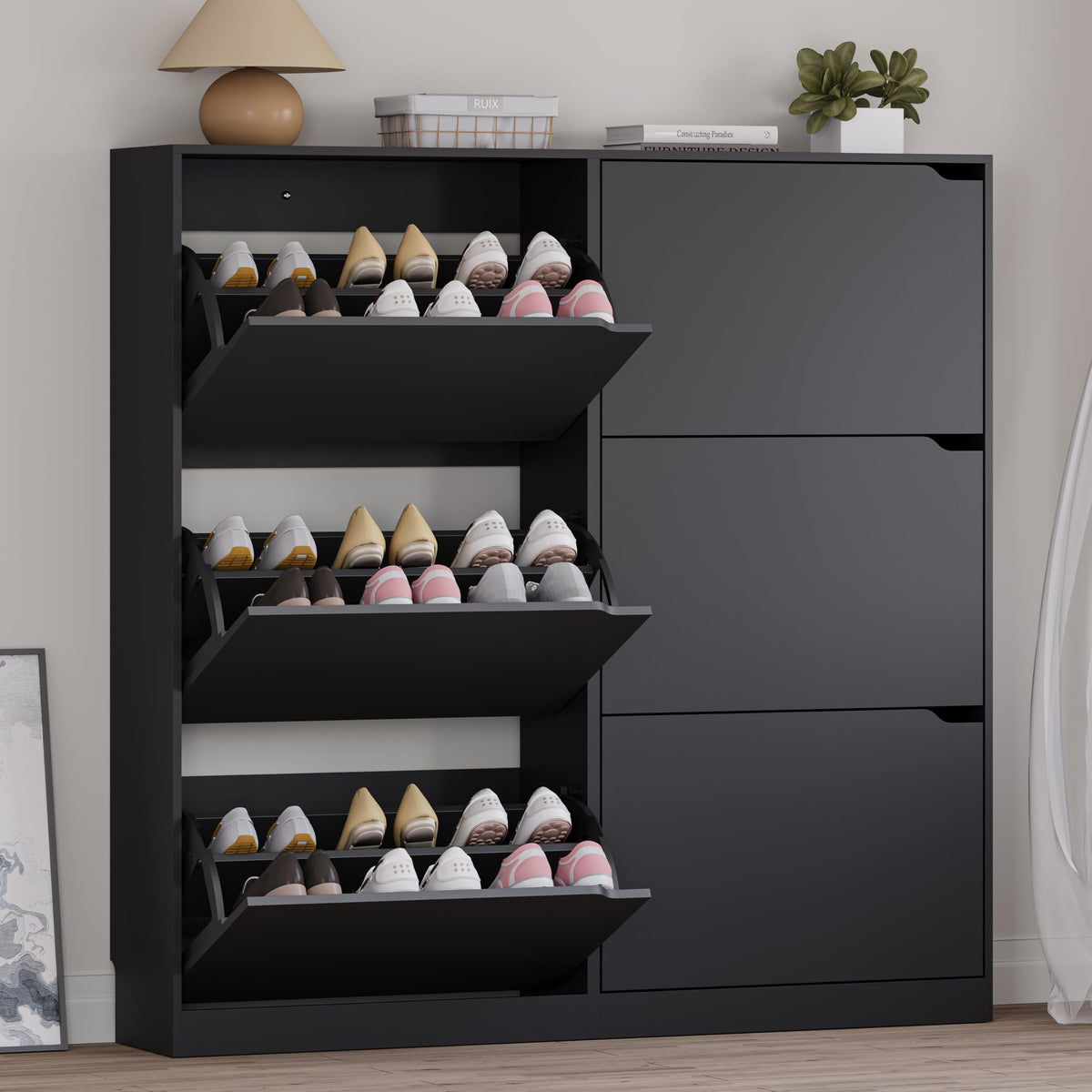 BORNOON Shoe Cabinet, Slim Narrow Shoe Storage Cabinet, Freestanding Shoe Organizer with Adjustable & Removable Shelves, Top Display Shelf for Entryway, Hallway, Foyer, Closet