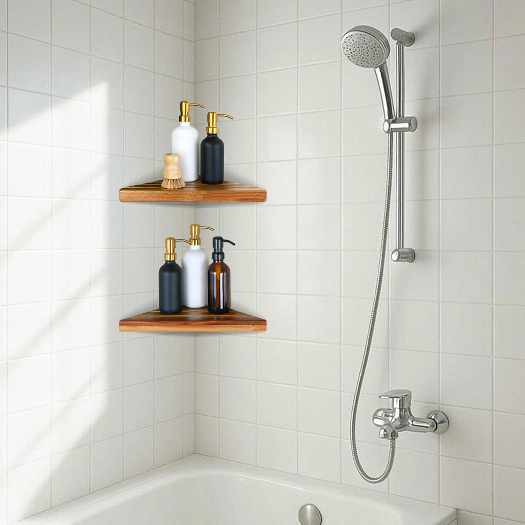 ENKEZI Acacia 2,3 Tiers Corner Shower Shelf, Triangular Corner Shelf Wooden Bathroom Shelf for Tiled Wall, Shower Corner Shelf, No Drilling Requied