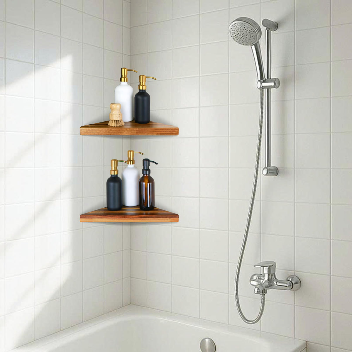 ENKEZI Acacia 2,3 Tiers Corner Shower Shelf, Triangular Corner Shelf Wooden Bathroom Shelf for Tiled Wall, Shower Corner Shelf, No Drilling Requied